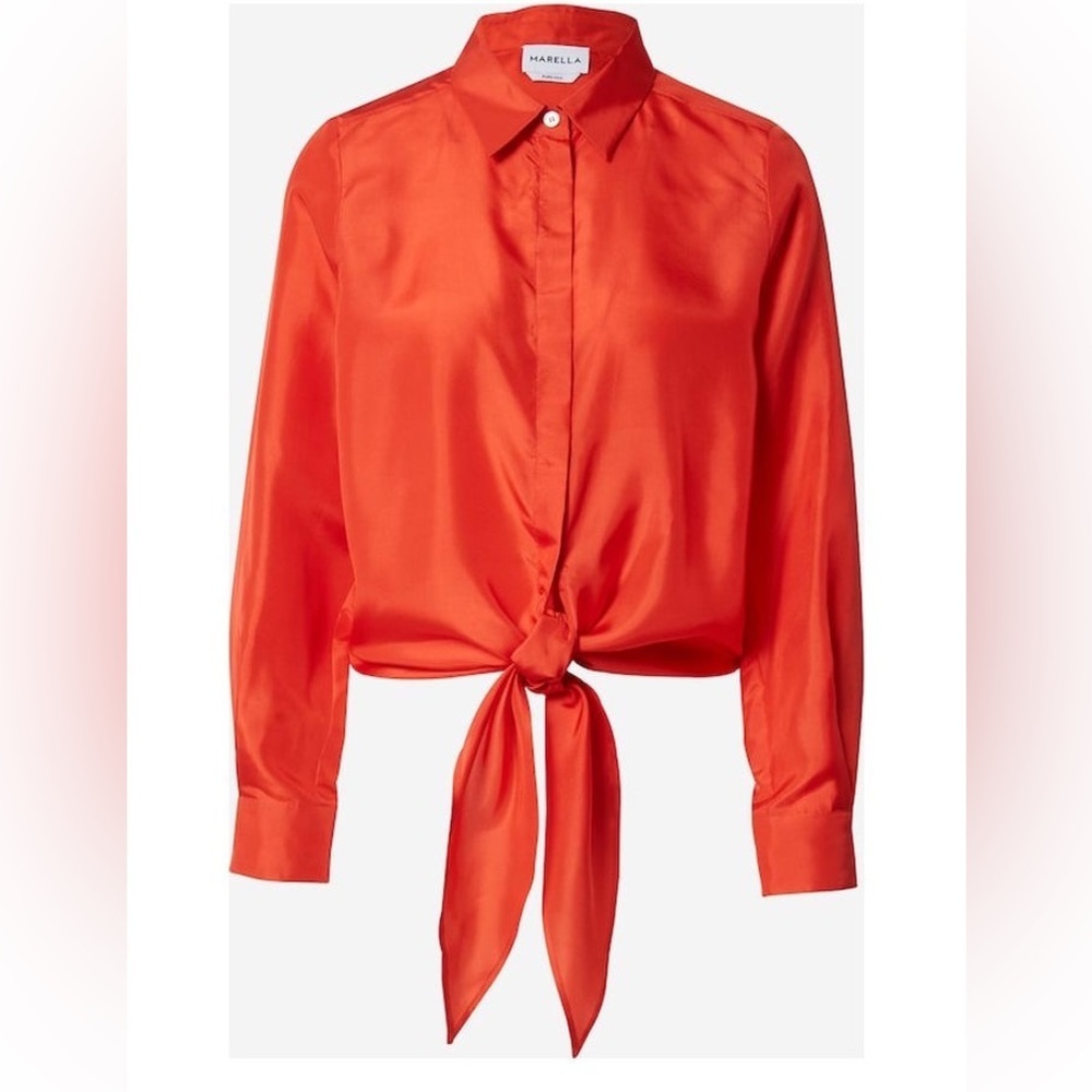 Marella Women's Red Orange Habotai Tie-Front Blouse 100% silk size 50